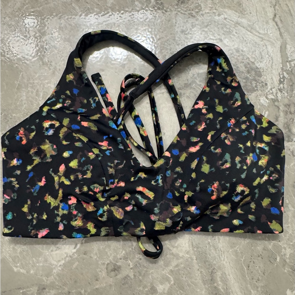 Athleta black colorful abstract leopard print bikini top size Small